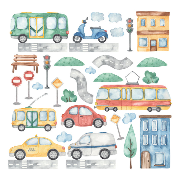 City Transport Wall Stickers – Road, Cars & Buildings Set