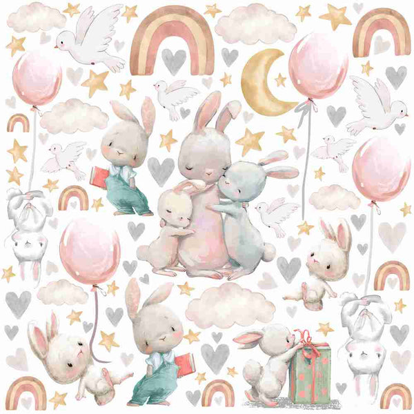 Watercolor Bunny Wall Stickers with Balloons, Clouds & Rainbows