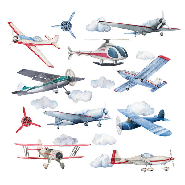Watercolor Airplane Wall Decals | Helicopter & Cloud Stickers for Kids Room