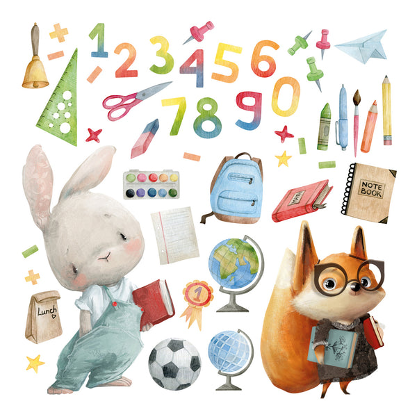 Wall Stickers for Kids Room – School Adventure with Bunny, Squirrel & Numbers