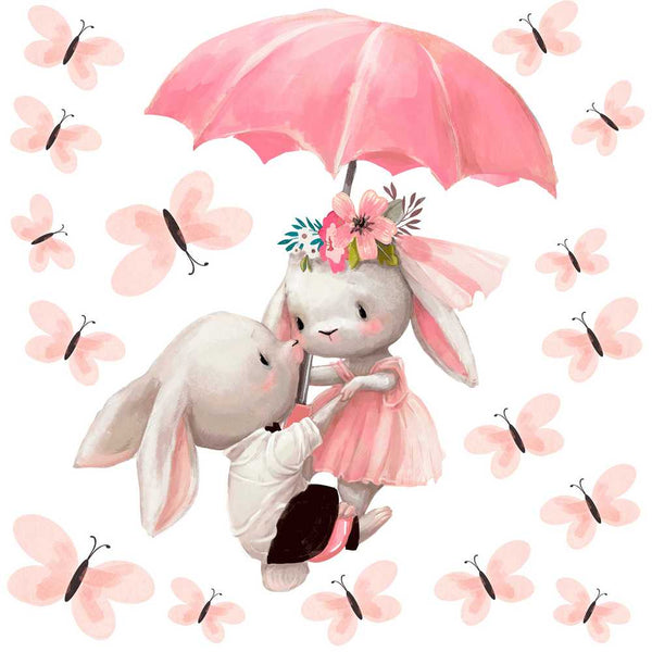Bunny Wall Stickers with Pink Umbrella and Butterflies – Kids Decor
