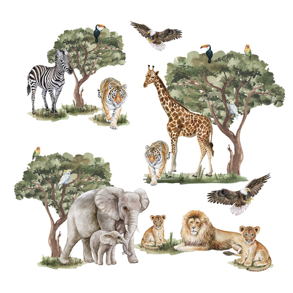 Naklejki na ścianę Safari Zwierzęta | Lew, Słoń, Żyrafa i Tygrys