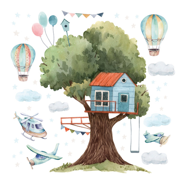 Blue Treehouse Wall Sticker – Boys’ Room Adventure Decor