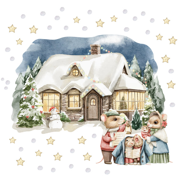 Naklejki na ścianę Świąteczny Domek | Myszki Kolędnicy i Bałwanek