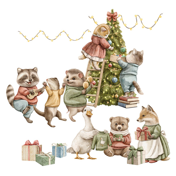 Naklejki na ścianę Świąteczne Zwierzęta | Lis, Borsuk, Szop, Miś i Kotki przy Choince