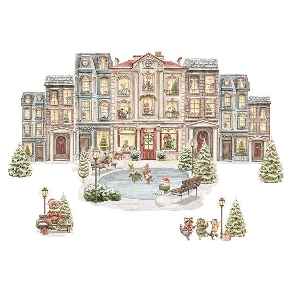 Naklejki na ścianę Świąteczne Kamienice | Zimowe Miasto i Zwierzęta