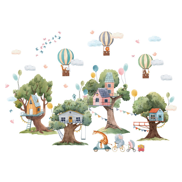 Naklejki na ścianę Domek na Drzewie | Akwarelowe Balony i Zwierzątka
